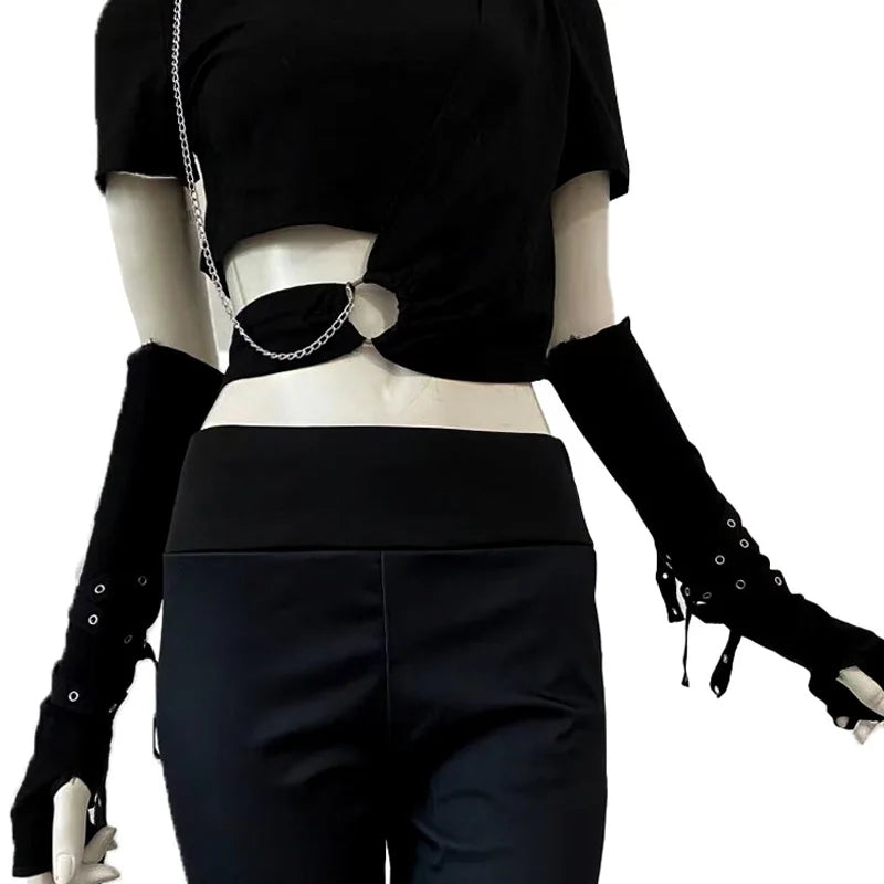 1 Pair Cool Black Gothic Sun-protective Sleeve Punk Unisex Arm Warmer Harajuku Half-fingered Gloves Cuff with Buckle Ninja