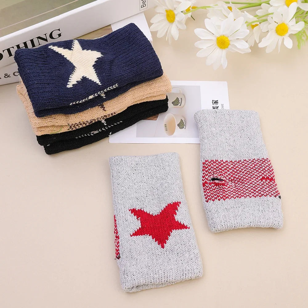Autumn Winter Knitted Woolen Gloves Ins Fashion Y2K Men Women Half Finger Warm Five Pointed Star Fingerless Gloves Unisex