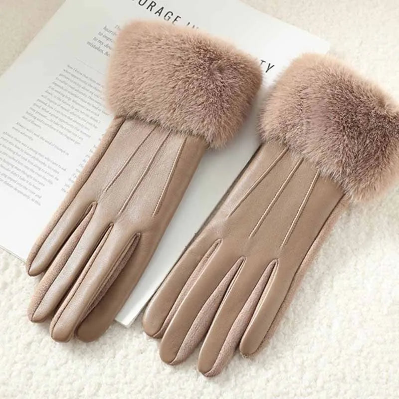 Winter Luxury Women's PU Leather Gloves Wrist Soft Faux Fur Trim Cuff Fashion Elegant Party Warm Touch Screen Drive Cycling