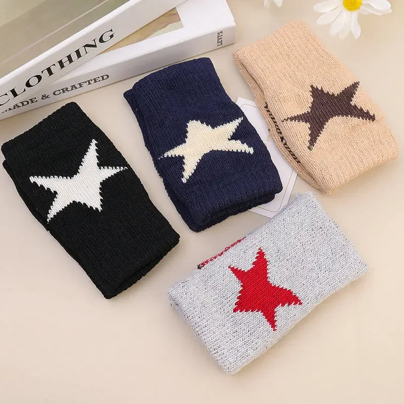 Autumn Winter Knitted Woolen Gloves Ins Fashion Y2K Men Women Half Finger Warm Five Pointed Star Fingerless Gloves Unisex