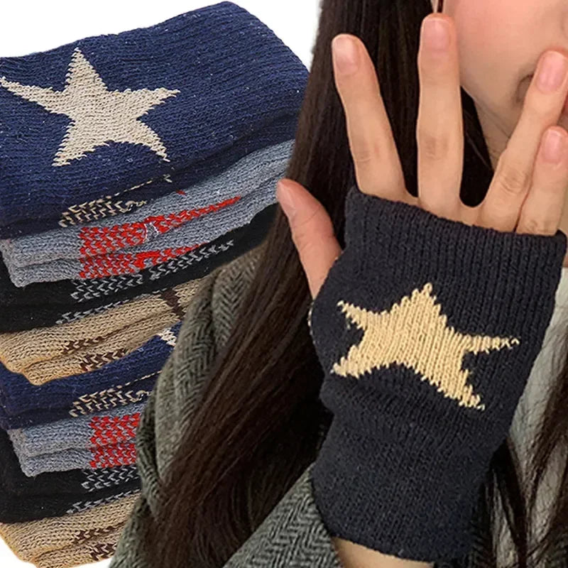 Autumn Winter Knitted Woolen Gloves Ins Fashion Y2K Men Women Half Finger Warm Five Pointed Star Fingerless Gloves Unisex