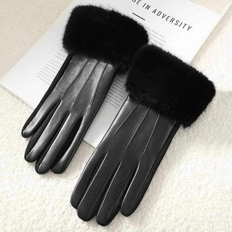Winter Luxury Women's PU Leather Gloves Wrist Soft Faux Fur Trim Cuff Fashion Elegant Party Warm Touch Screen Drive Cycling