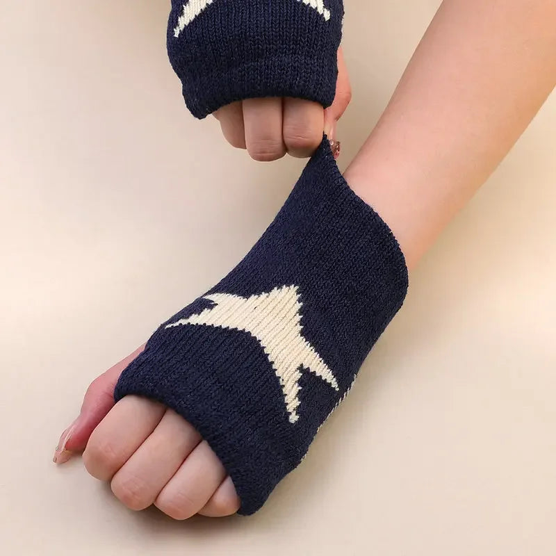 Autumn Winter Knitted Woolen Gloves Ins Fashion Y2K Men Women Half Finger Warm Five Pointed Star Fingerless Gloves Unisex