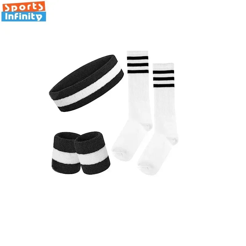 Striped Wrist Brace Hair Band Sport Socks Set Sweat-absorbing Headband Wristband Football Socks Table Tennis Wrist Band