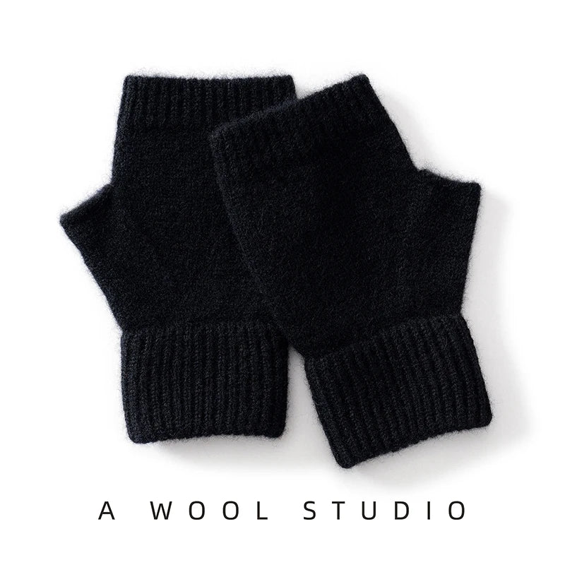 2025 Winter Women 100% Merino Wool Mitts 15cm Knitted Fingerless Gloves Thermal Gloves Semi Finger Lengthen Mittens Arm Warmers