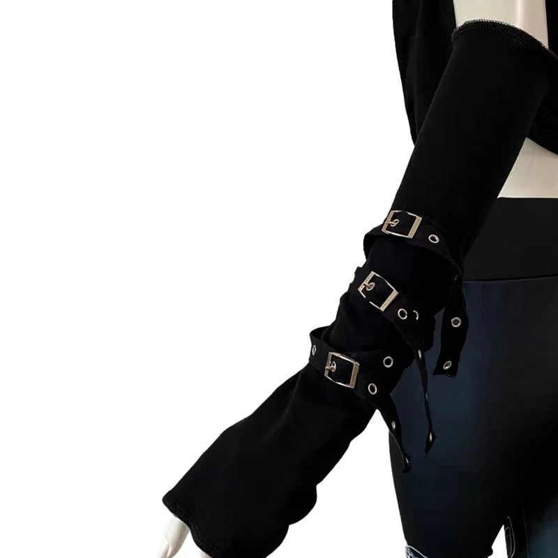 1 Pair Cool Black Gothic Sun-protective Sleeve Punk Unisex Arm Warmer Harajuku Half-fingered Gloves Cuff with Buckle Ninja