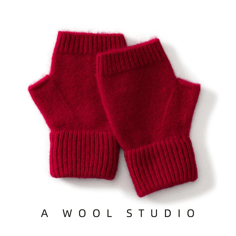 2025 Winter Women 100% Merino Wool Mitts 15cm Knitted Fingerless Gloves Thermal Gloves Semi Finger Lengthen Mittens Arm Warmers