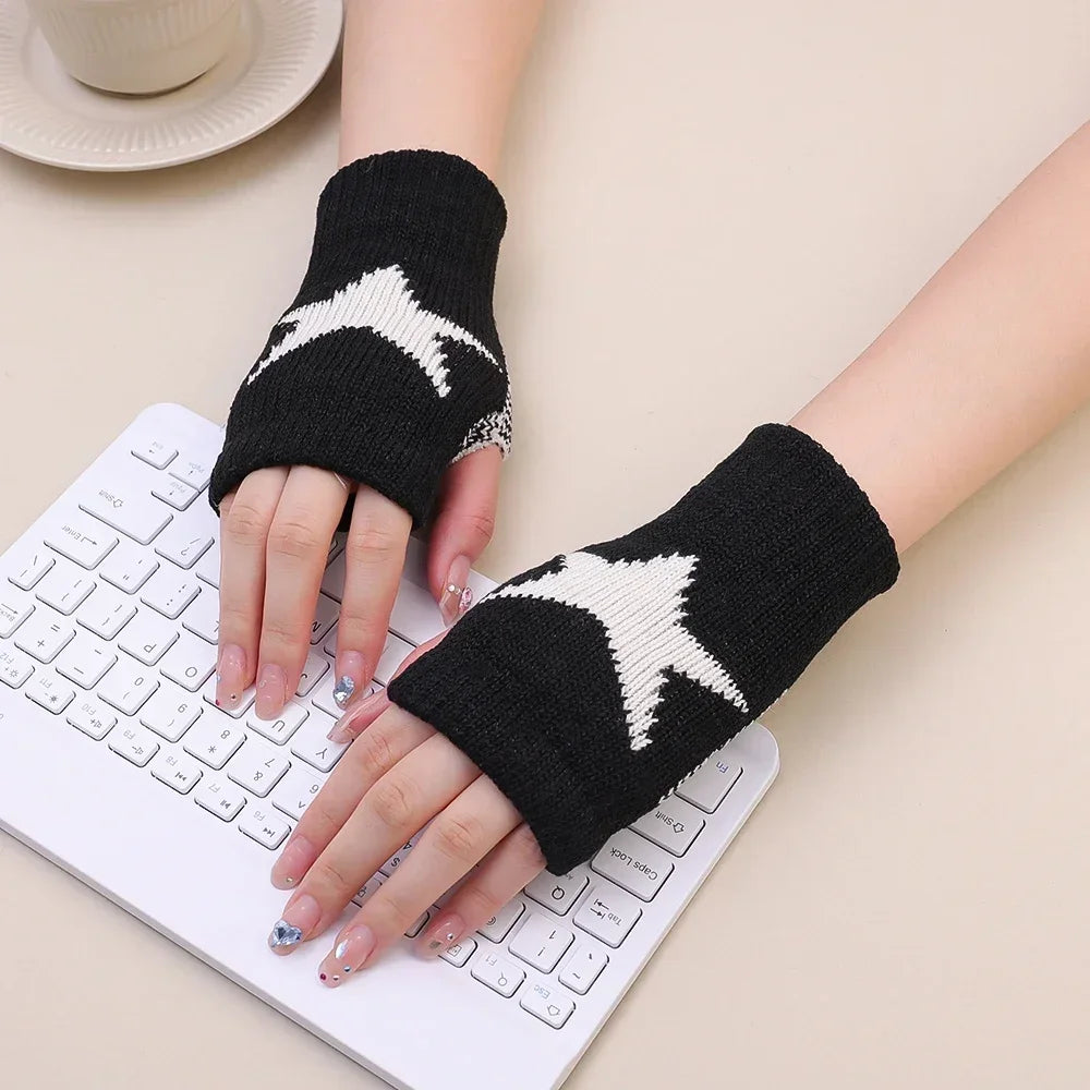 Autumn Winter Knitted Woolen Gloves Ins Fashion Y2K Men Women Half Finger Warm Five Pointed Star Fingerless Gloves Unisex