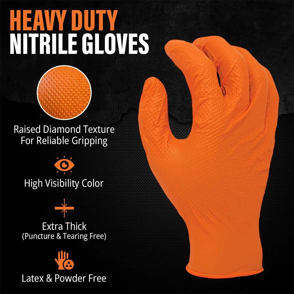 8 Mil Heavy Duty Industrial Orange Disposable Nitrile Gloves Diamond Textured Tear-Resistant for Mechanic Safety & Work Glove
