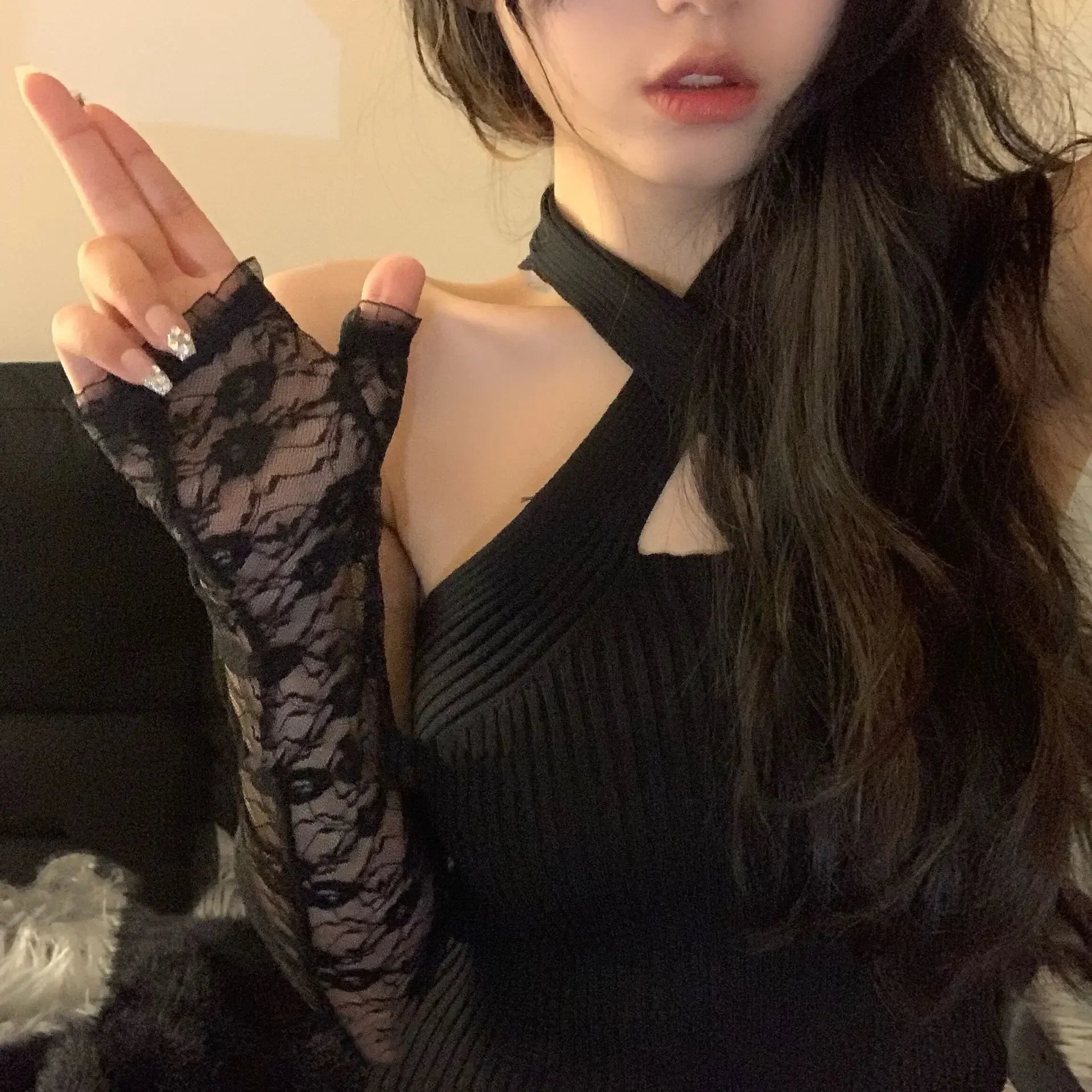 Mesh Fishnet Bowknot Long Gloves for Women Lace Ruffle Fingerless Gloves Mittens JK Lolita Kawaii White Gloves UV Protection Y2k