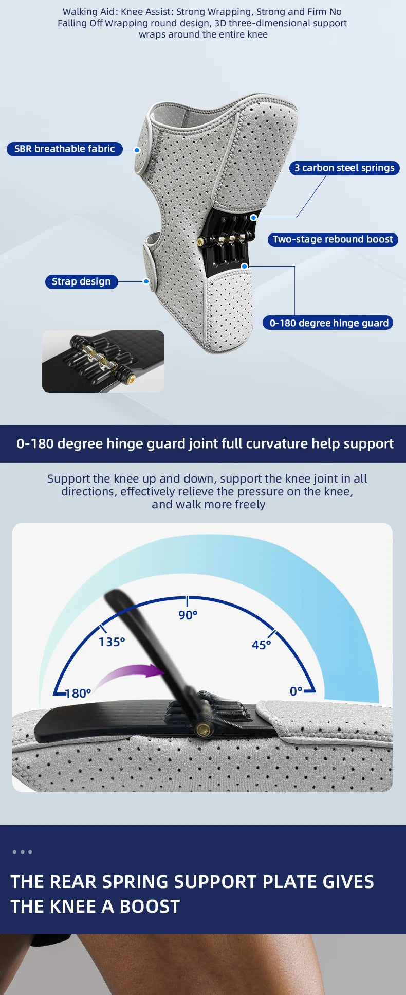 VBOSi 1 Pair Adjustable Knee Brace with Triple-Spring Booster Men Women Rebound Stabilizer for Sports Training & Squat Support